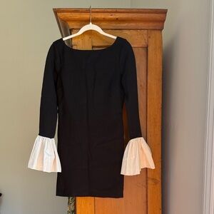STAUD Black Long-Sleeve Dress with White Ruffle Cuffs